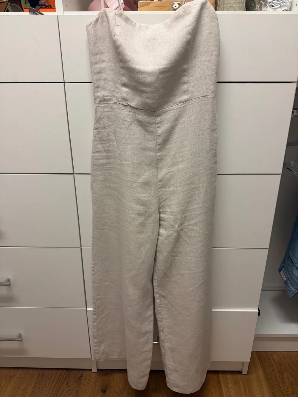 Reformation Strapless Wide-Leg Jumpsuit in Light Beige